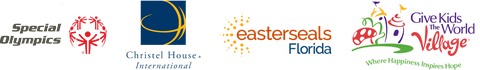 Left to Right: Special Olympics Logo, Christel House International Logo, Easterseals Florida Logo, and Give Kids the World Village Logo.