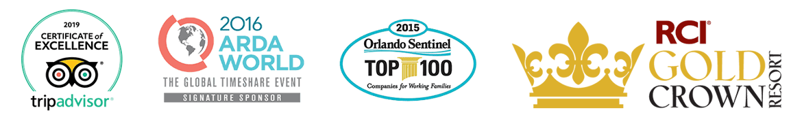 2019 Trip Advisor Certificate of Excellence, 2016 ARDA World, Orlando Sentinel Top 100, RCI Gold Crown