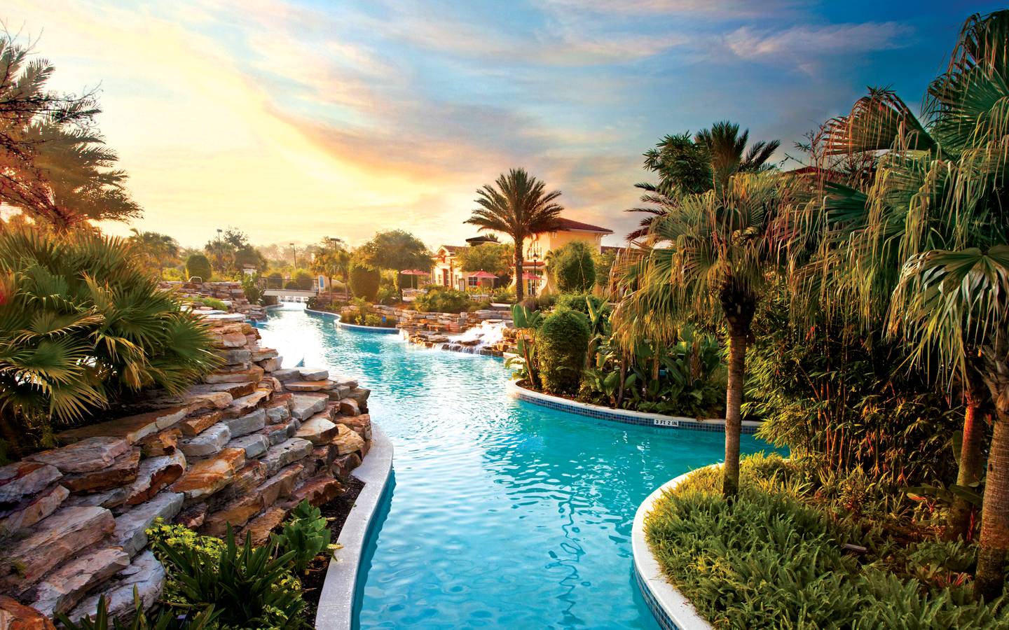 View of lazy river at sunset in River Island at Orange Lake Resort near Orlando, Florida